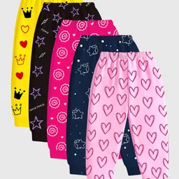 KUCHIPOO Cotton Blend Knit Pack Of 5 Hearts Crown & Stars Printed Track Pants - Black Yellow Dark Pink & Navy Blue-picture-38