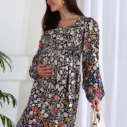 Shades of Sabi Women Floral Print Puff Sleeve Crepe Maternity A-Line Midi Dress image 5