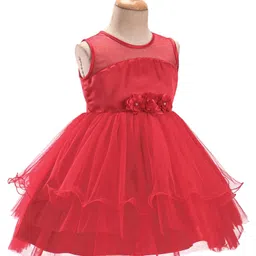 Babyhug Sleeveless Party Wear Frilled Dress With Floral Applique - Red image 2
