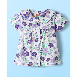 Babyhug Cotton Knit Front Open Half Sleeves Co-ords Night Suit With Floral Print - Blue image 2