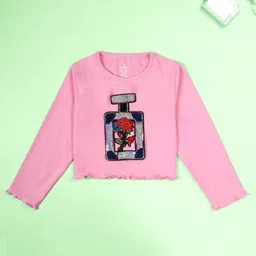 Kiddopanti Cotton Knit Pack Of 2 Full Sleeves Perfume Bottle & Butterfly Appliques Detailed Crop Tees - Baby Pink & Black image 3