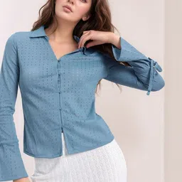 CORSICA Women Blue Semi Sheer Bell Sleeve Shirt Style Top-image-33