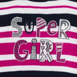 RVK Full Sleeves Striped Pattern & Super Girl Text Embroidered Cotton Pullover Sweater - Navy Blue image 4