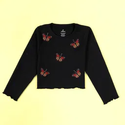 Kiddopanti Cotton Knit Pack Of 2 Full Sleeves Perfume Bottle & Butterfly Appliques Detailed Crop Tees - Baby Pink & Black image 4