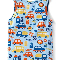 Babyhug 100% Cotton Knit Sleeveless Sando Vests With Stripes & Vehicle Print Pack of 2 - Blue image 5