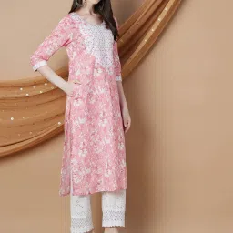 Melange By Lifestyle Pink Cotton Regular Fit Floral Print Kurta image 3