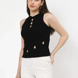 Kalt Black Self Design Sleeveless Top image 3