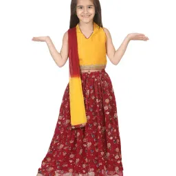 BownBee Kids Maroon & Yellow Printed Lehenga Choli With Dupatta-picture-18