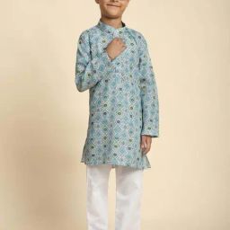 Pro-Ethic Style Developer Boys Blue & Green Cotton Printed Full Sleeves Kurta Sets-picture-18