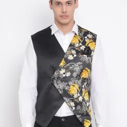VASTRAMAY Black Straight Fit Floral Print Waistcoat-picture-14