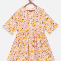 LilPicks Kids Yellow & Peach Cotton Floral Print Full Sleeves Dress-image-16