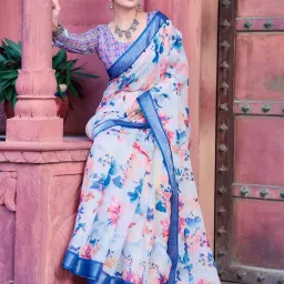 Saree Mall White Cotton Self Saree with Blouse Piece image 3