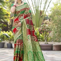 Satrani Red & Green Woven Saree With Unstitched Blouse-picture-11