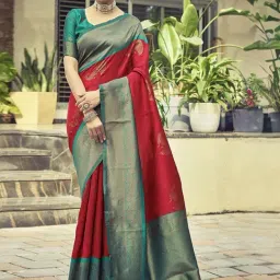 Satrani Cherry Red & Rama Green Woven Saree With Unstitched Blouse-picture-12