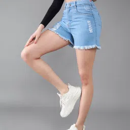 DOLCE CRUDO Blue Denim Distressed Mid Rise Shorts image 3