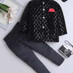 Fourfolds Boys Black Embellished Suit Sets-picture-25
