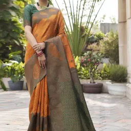 Satrani Orange & Green Woven Saree With Unstitched Blouse-image-20