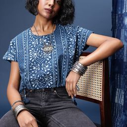 Taavi Extended Sleeves Ethnic Printed Pure Cotton Crop Indigo Top-picture-34