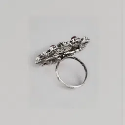 Anxvi Boho Chic Oxidised Silver-Plated Adjustable Finger Ring with Pink Stones image 5