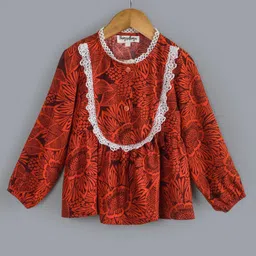 Hugsntugs Full Sleeves Seamless Intricate Flowers Printed & Lace Embellished Top - Brick Red-image-0