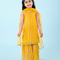 Babyhug Woven Sleeveless Georgette Gotta Patti Embroidered Kurti Gharara & Dupatta Set - Yellow-picture-34