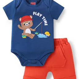 Babyhug 100% Cotton Knit Half Sleeves Onesie with Shorts & Bear Print- Red & Navy Blue-picture-24