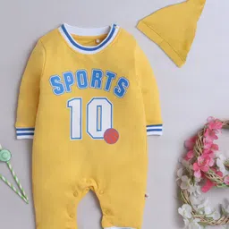 BUMZEE Cotton Knit Full Sleeves Text Printed Romper with Cap - Yellow-image-16