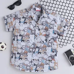 BAATCHEET Cotton Half Sleeves Teddy Bear Printed Shirt - White & Grey-picture-26