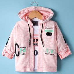 Dapper Dudes Full Sleeves Typography Printed Hooded Jacket With Tee Set - Peach-picture-24