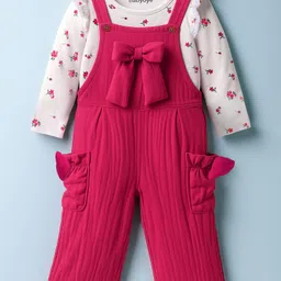 Babyoye 100% Cotton Knit Full Sleeves T-Shirt & Dungaree with Floral Print & Bow Applique - Red & White-picture-13