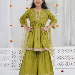 Little Bansi 100% Cotton With Chanderi Silk Woven Three Fourth Sleeves Floral Embroidered Sequin Embellished Kurti Sharara With Dupatta - Mehendi Green-picture-22