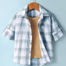 Dapper Dudes Full Sleeves Checked Shirt With Attached Tee - Grey-image-88