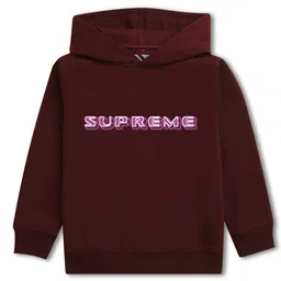 NUSYL Fleece Knit Full Sleeves Supreme Text Printed Light Winter Hoodie - Burgundy-image-0