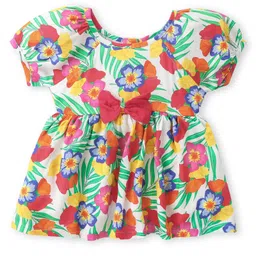 Babyhug Cotton Woven Half Sleeves Floral Printed Frock With Stockings & Bow Applique - Red & White image 2