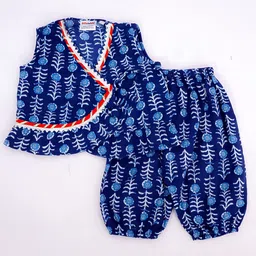 BownBee Pure Cotton Woven Sleeveless Gota Lace Embellished & Floral Printed Top & Harrem Pant Set - Blue image 3