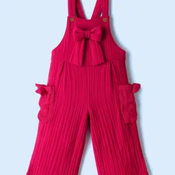 Babyoye 100% Cotton Knit Full Sleeves T-Shirt & Dungaree with Floral Print & Bow Applique - Red & White image 2