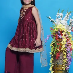 Little Bansi Girls Woven Design Chanderi Cotton A-Line Kurta With Palazzos & Dupatta image 4