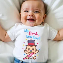 KNITROOT New Year Theme Half Sleeves My First New Year Text Printed Tee - White image 4