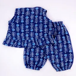 BownBee Pure Cotton Woven Sleeveless Gota Lace Embellished & Floral Printed Top & Harrem Pant Set - Blue image 4