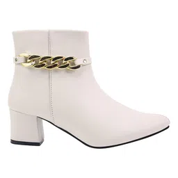 Shoetopia Chain Detailed Zip Closure Ankle Boots - Cream image 4