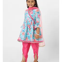 nautinati Nauti Nati Three Fourth Sleeves Floral Printed Angrakha Anarkali Kurta With Dhoti Pant & Dupatta - Blue image 5