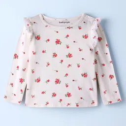 Babyoye 100% Cotton Knit Full Sleeves T-Shirt & Dungaree with Floral Print & Bow Applique - Red & White image 4