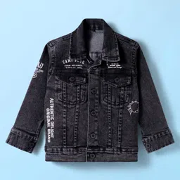 Dapper Dudes Full Sleeves Mild Washed & Typography Printed Denim Jacket With Tee Set - Black image 4