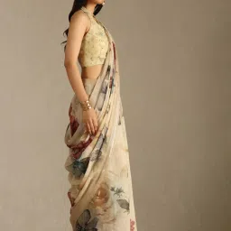 Soch Beige Linen Floral Saree With Stitched Blouse image 3