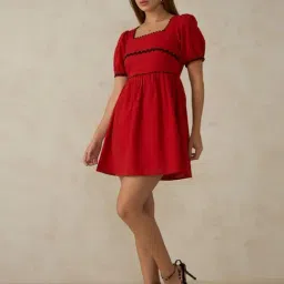 VIRGIO Red Flared Fit Solid Dress image 4