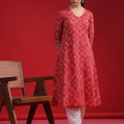 Indo Era Red Cotton Printed A Line Kurta-picture-29