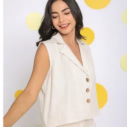 KAORI BY SHREYA AGARWAL Off White Linen Solid Sleeveless Waistcoat image 3