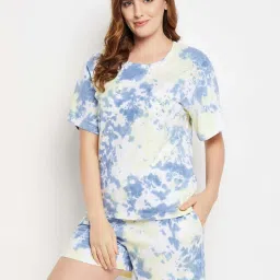 Clovia Blue Cotton Tie & Dye Top & Shorts Set image 3