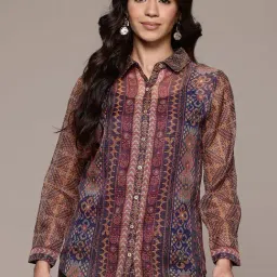 Aarke Ritu Kumar Purple Geometric Print Shirt with Camisole-image-78