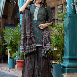 KALINI Floral Printed Zari Work Pure Cotton Straight Kurta With Sharara And Dupatta image 5